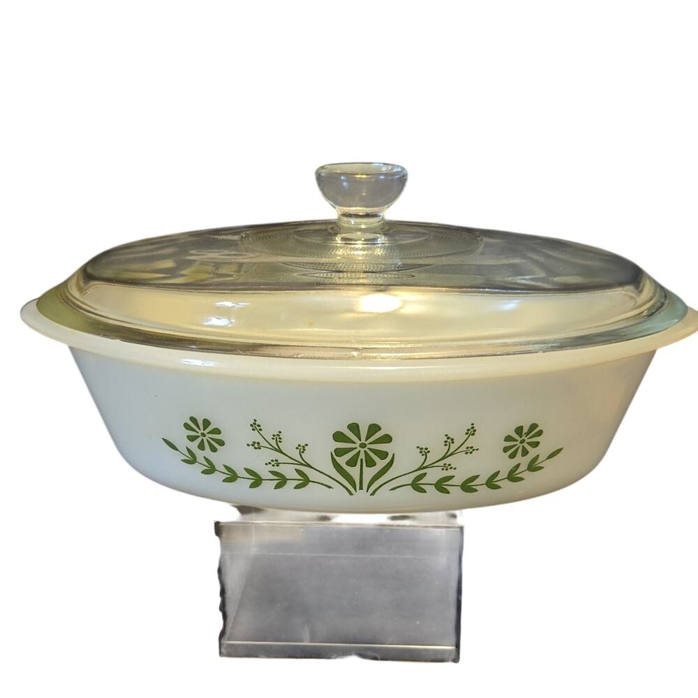 Vintage Glasbake J235 Oval 1.5 Qt Casserole Dish White/Green Floral w/ Glass Lid